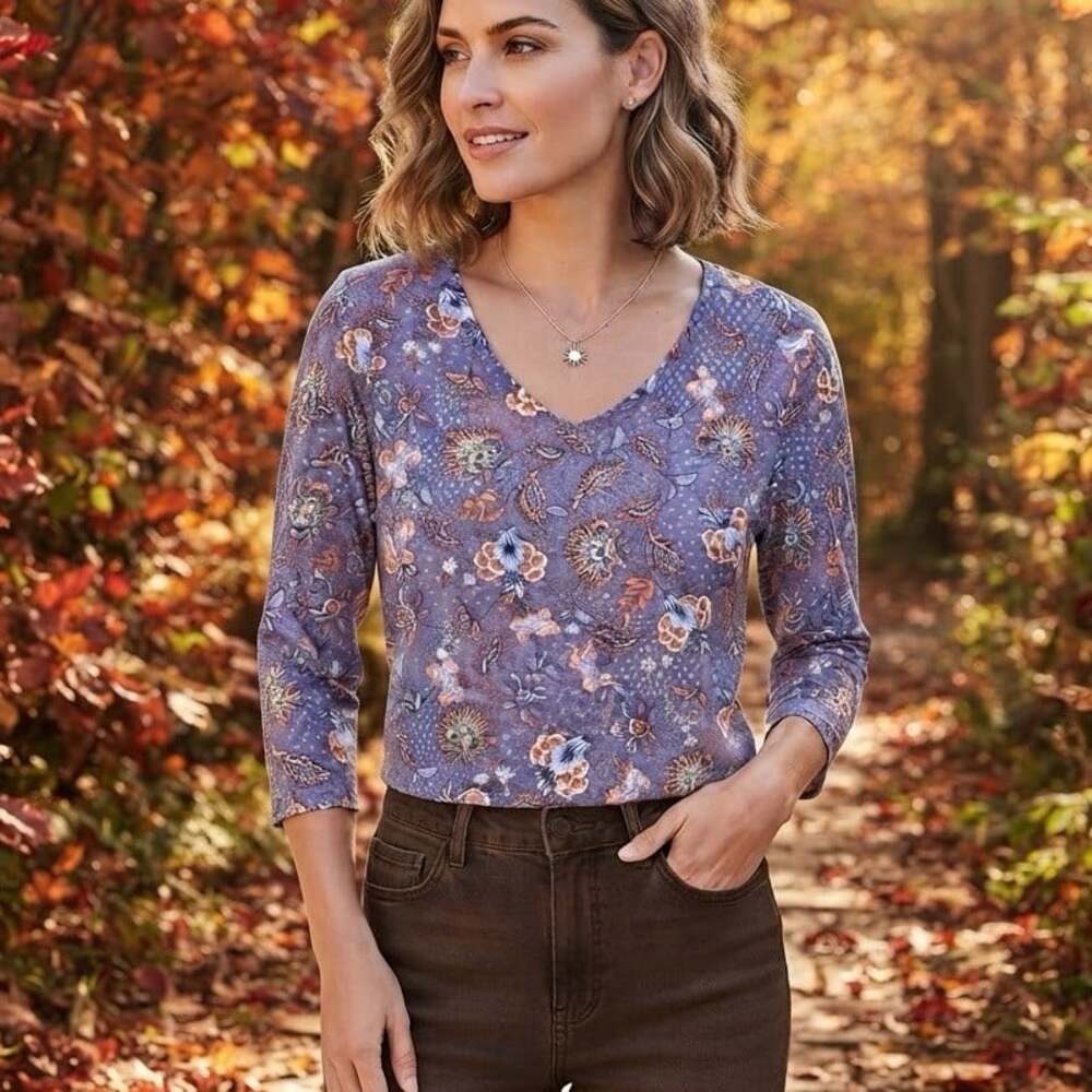 NWT J Jill Pima Cotton Sz 3X 3/4 Sleeve V-Neck Tee Blue Floral Paisley Tunic Top
